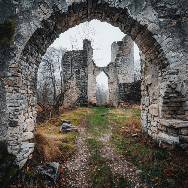 Foto arco de piedra medieval que conduce a las ruinas históricas imagen atmosférica