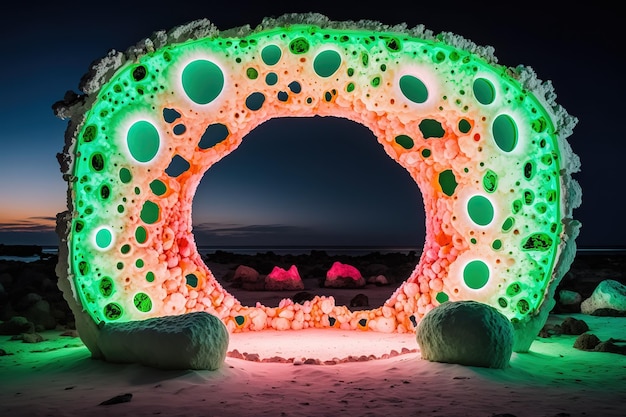 Arco redondo brillante en resplandor de neón en la orilla del océano bajo el cielo estrellado IA generativa