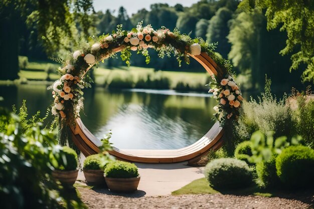 Foto un arco redondo con flores y un arco redondeado con un lago en el fondo.