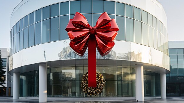 Foto arco de regalo rojo en el fondo de un edificio de oficinas moderno concepto de navidad y año nuevo