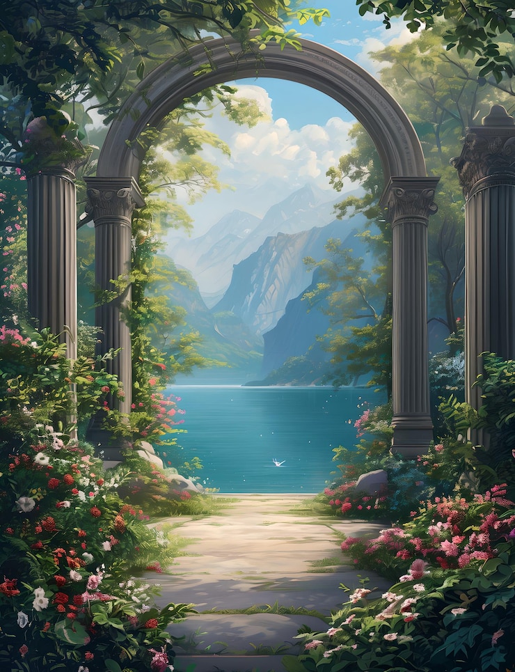 Arco romántico con vistas al lago tranquilo en un jardín exuberante Perfecto para fondos de papel tapiz Mejor