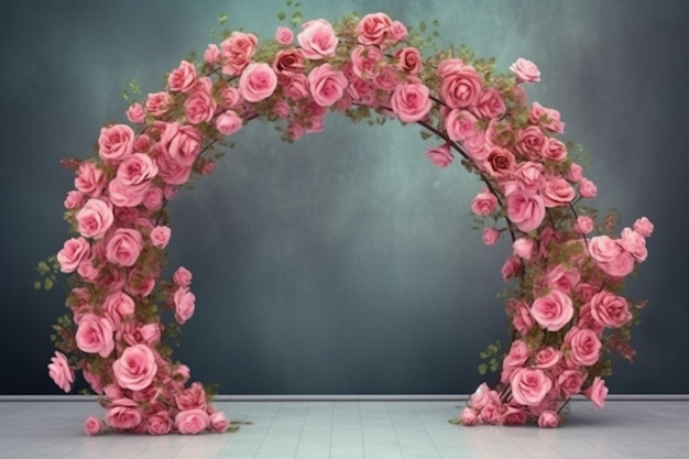 Un arco rosa con flores rosas.