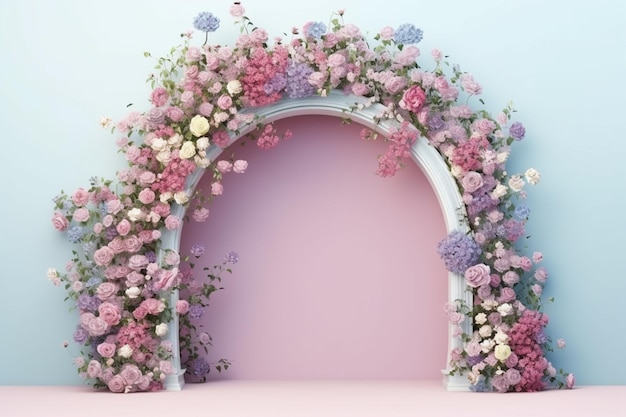 Un arco rosa con flores.