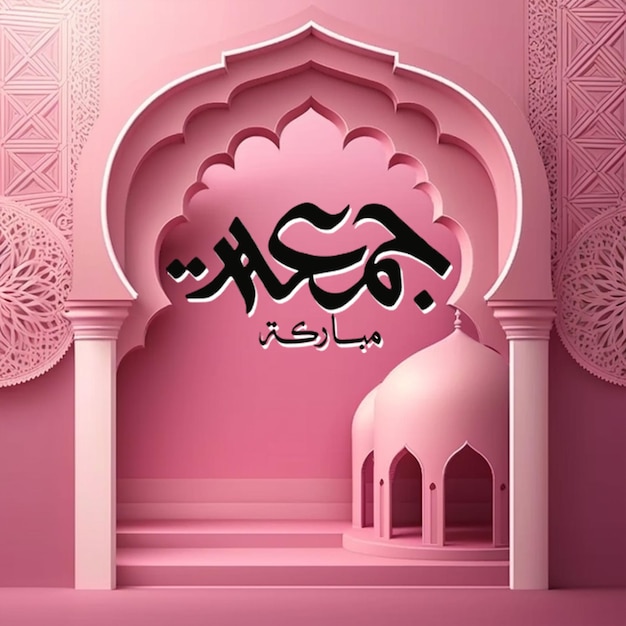 Un arco rosa con una mezquita en el centro y la palabra ramadán en la parte inferior