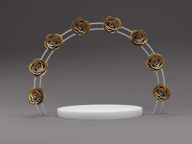 Arco con rosas doradas y un podio blanco 3D Render