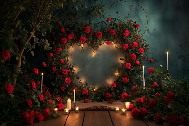 Arco de rosas encantado con luces de corazón y velas