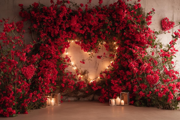 Arco de rosas encantado con luces de corazón y velas