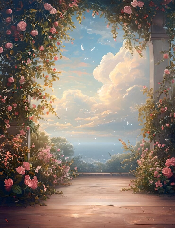 Arco de rosas romántico con vista al océano hermoso soñador sereno escénico fondo tranquilo para