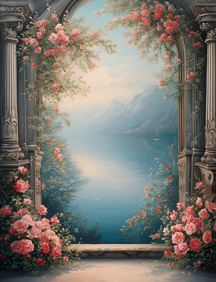 Arco de rosas romántico con vistas al lago tranquilo al atardecer Obra artística de fantasía para impresiones de decoración de pared