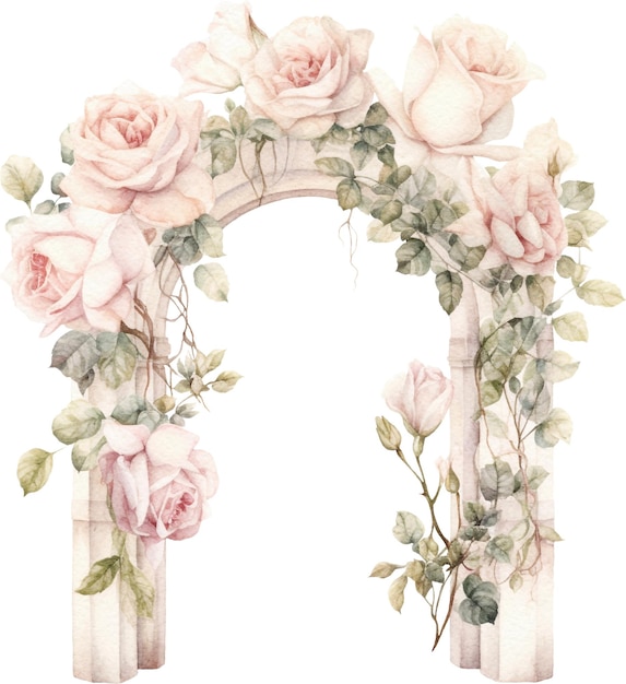 Arco vintage decorado con rosas acuarela aisladas en blanco