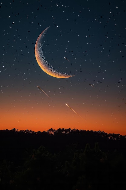 Foto un arco visualizado como una media luna con flechas como estrellas fugaz que se arcan con gracia a través del cielo