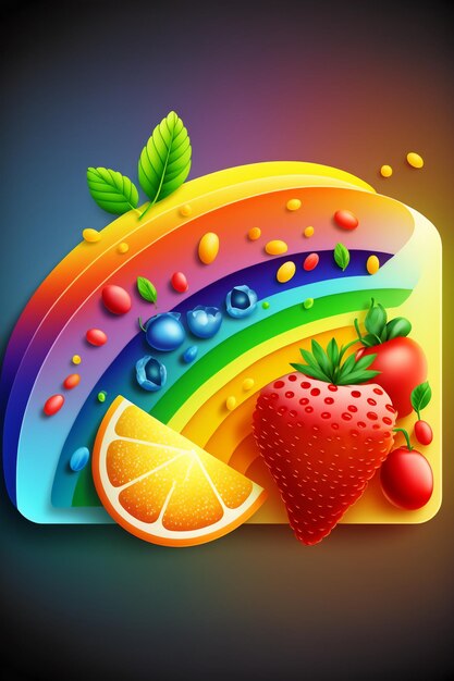 Un arcoiris y un arcoiris con frutas y hojas.