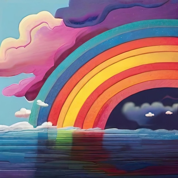 Un arcoíris en el cielo con un arco iris y gotas de lluvia