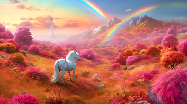 Un arcoiris en el cielo con un unicornio.