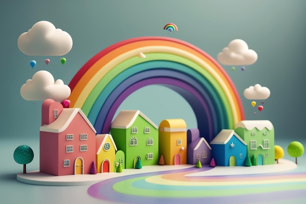 Un arcoíris sobre una ciudad colorida con un arcoíris.
