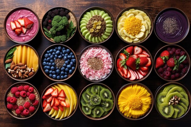 Foto arcoíris de tazones de batidos con diversas frutas y sabores