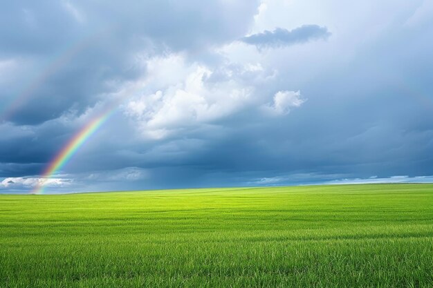 Un arcoíris vibrante atraviesa el cielo sobre un campo verde exuberante un campo verde bajo un cielo nublado junto con un arco iris simplista generado por la IA