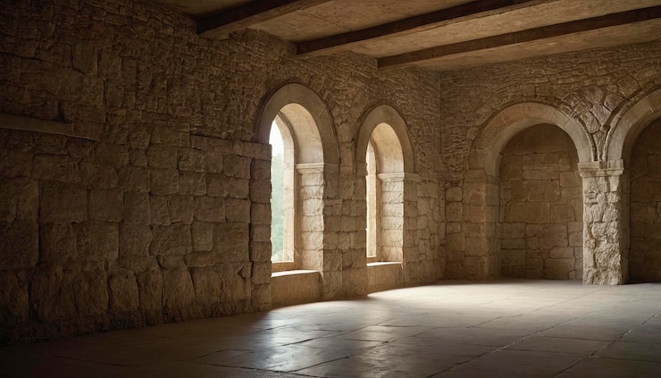 Foto arcos antigos e interiores de pedra da arquitetura histórica de igrejas e mesquitas mostram a religião