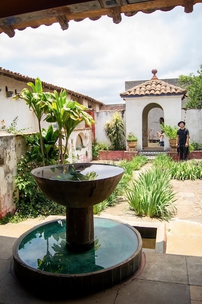 Arcos de arquitectura colonial rodeados de vegetación juegos de luces y sombras en el interior del espacio materiales naturales