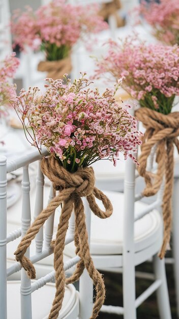 Foto arcos de cuerda rosados para sillas blancas
