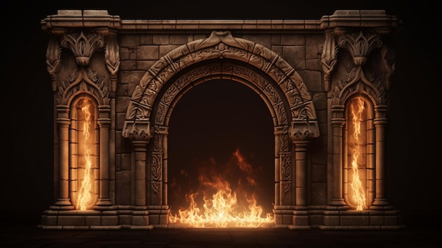 Arcos de pedra de arquitetura clássica antiga com chamas