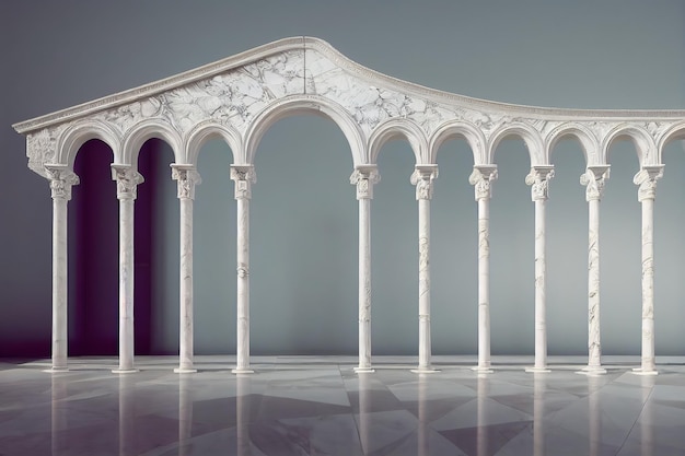 Arcos em uma parede de mármore branco e colunas na arquitetura clássica antiga em uma ilustração 3d de fundo claro