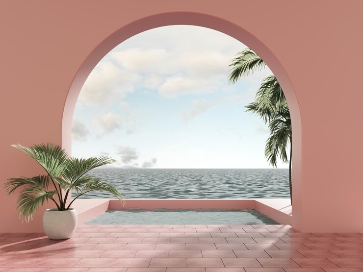 Arcos luminosos con vistas al mar y palmeras tropicales Diseño arquitectónico abstracto 3d render
