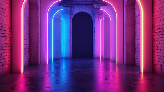 Arcos vibrantes iluminados a neon em um corredor de tijolos, misturando iluminação moderna com arquitetura clássica