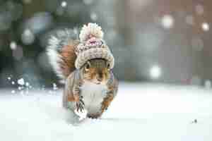 Foto una ardilla alegre con una gorra de punto añade un toque de capricho a un día de esquí en la nieve