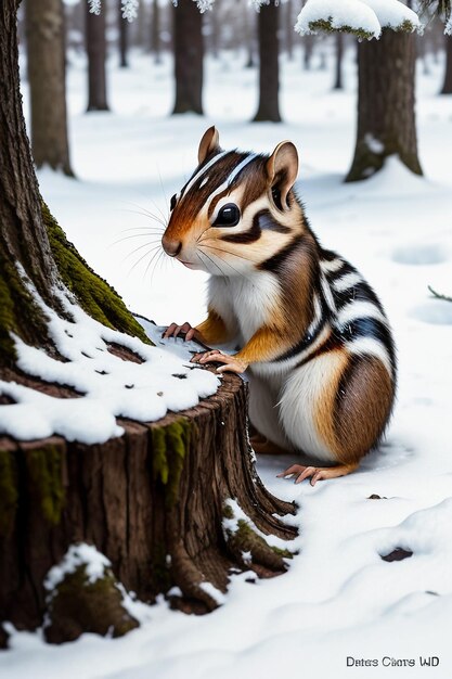 Ardilla animal salvaje buscando comida en el agujero de un árbol en un bosque nevado en invierno Fotografía HD