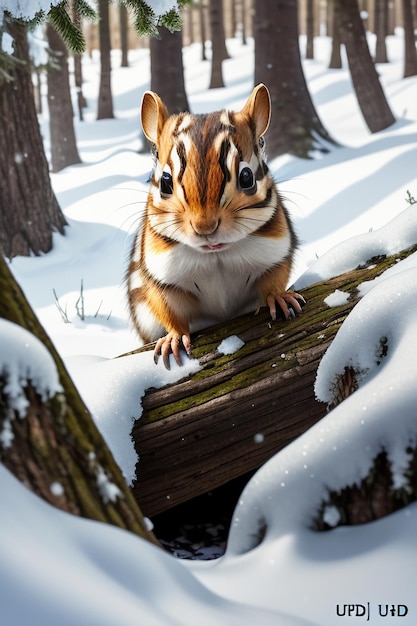 Ardilla animal salvaje buscando comida en el agujero de un árbol en un bosque nevado en invierno Fotografía HD