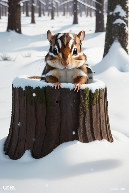 Foto ardilla animal salvaje buscando comida en el agujero de un árbol en un bosque nevado en invierno fotografía hd