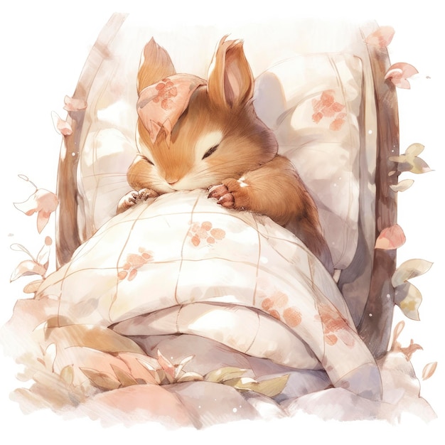 Una ardilla bebé soñolienta en una ilustración de acuarela de ropa de cama