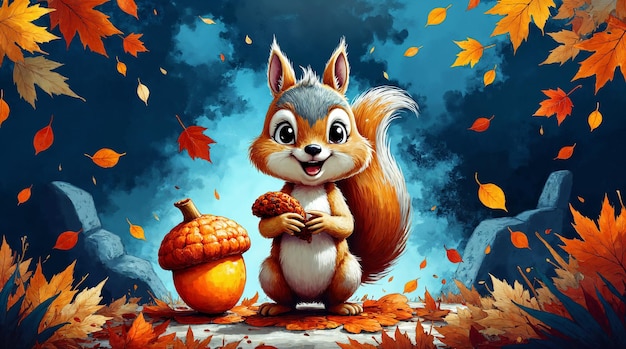 La ardilla con la bellota en otoño