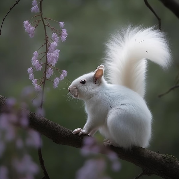 Una ardilla blanca se sienta en una rama con una cola tupida.