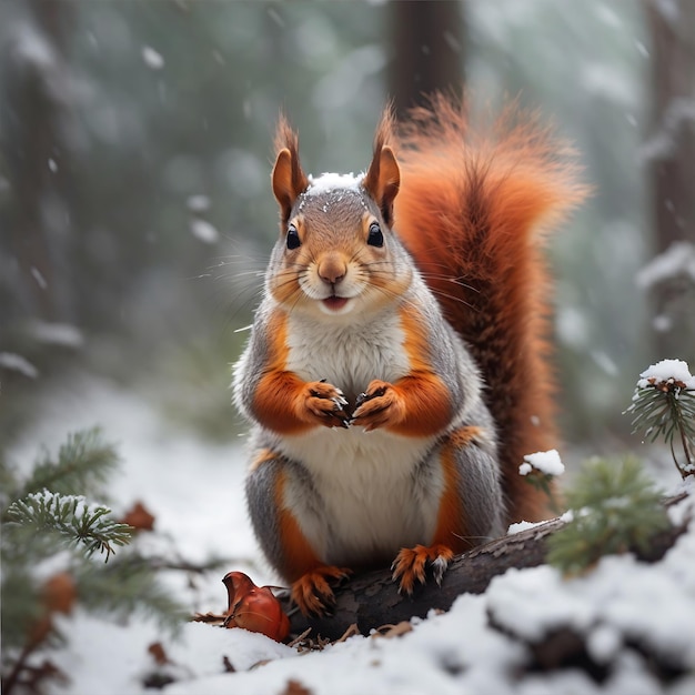 Una ardilla en el bosque de invierno generada por IA