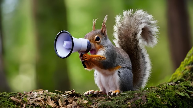 Foto la ardilla charladora transmite en la naturaleza concepto de la ardilla comunicación de la naturaleza radiodifusión de la naturaleza vida silvestre vocalización de los animales del bosque charla