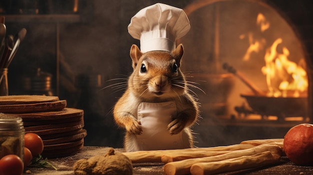 Foto una ardilla chef con sombrero de chef y rodillo