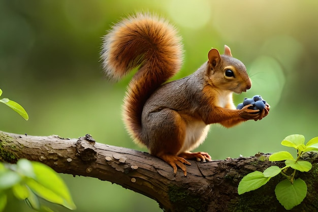 Una ardilla comiendo un arándano en una rama