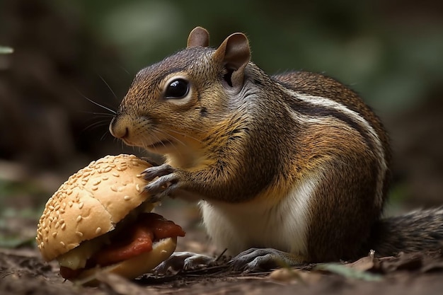 Ardilla comiendo una hamburguesa en el primer plano del bosque
