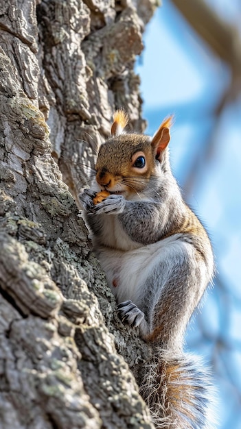 Foto una ardilla está comiendo un pedazo de comida en un árbol