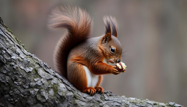 una ardilla comiendo una pieza de comida en un árbol