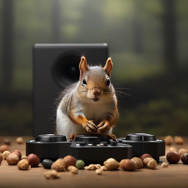 una ardilla contando nueces frente a un subwoofer de IA