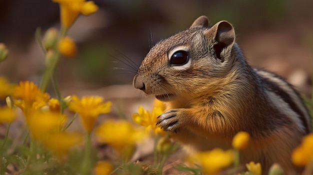 La ardilla es adorable mientras huele una flor Eutamias sibiricus una joven ardilla listada disfrutando de las flores GENERAR IA