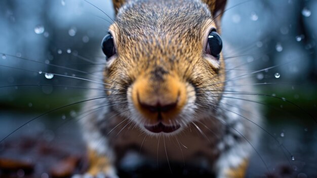 Una ardilla está mirando a la cámara bajo la lluvia