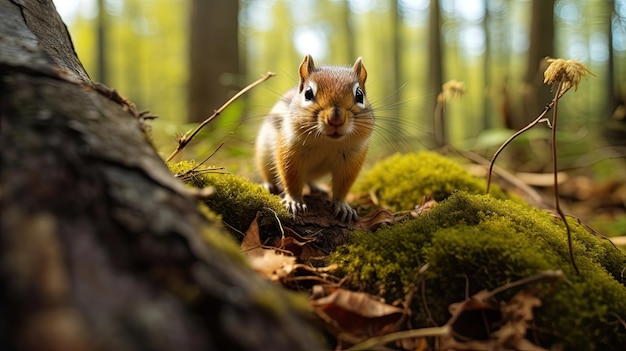 una ardilla está de pie en un bosque con musgo en la cabeza.