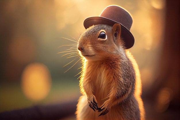 Ardilla con una estrella esponjosa y un sombrero paseando por el parque de otoño al atardecer Generado por IA