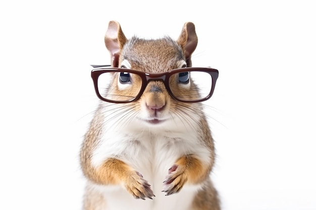 una ardilla con gafas sobre un fondo blanco