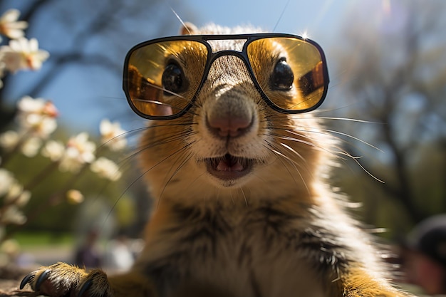 una ardilla con gafas de sol de gran tamaño y una pequeña IA generada