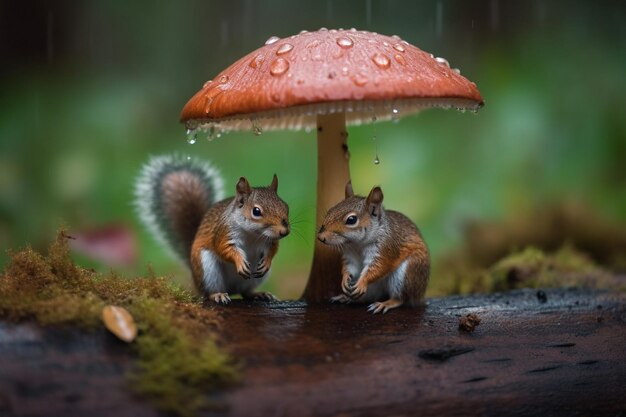 Foto una ardilla bajo un hongo con una gorra roja